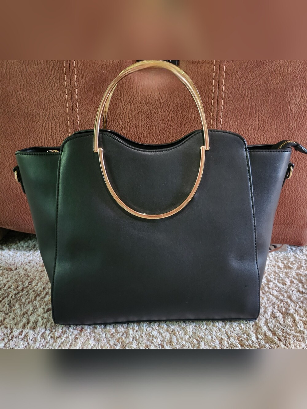 Chic Miztique Black Vegan Leather Satchel with Sculptural Gold Handles - Picture 4 of 14